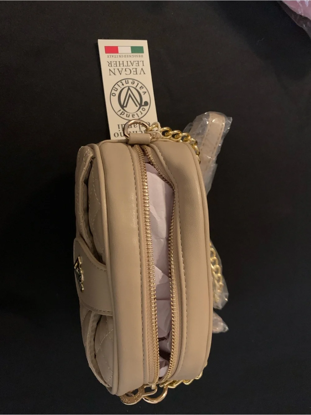Valentino Orlandi Quilted Beige Leather Crossbody with Gold Chain